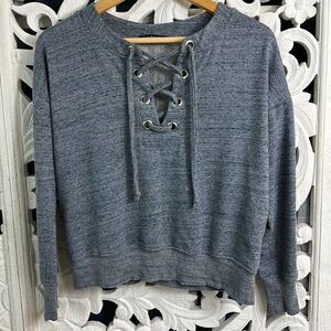 HARLOWE & GRAHAM Lace Up v-Neck Pullover Terrycloth inside Size S heathered blue